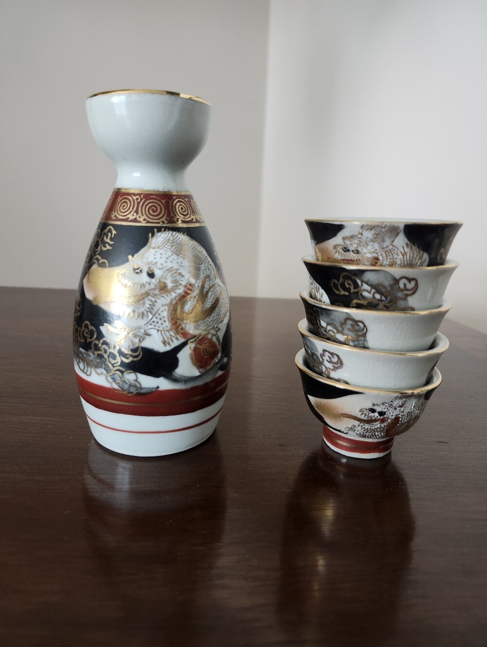 Vintage Japanese Kutani Dragon Sake Set with Gold Accents - White, Black, Red